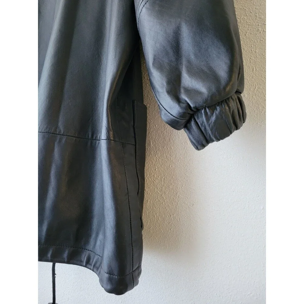 Winlit Vintage Black Leather Hooded Jacket S Longline 90s Y2K Streetwear
